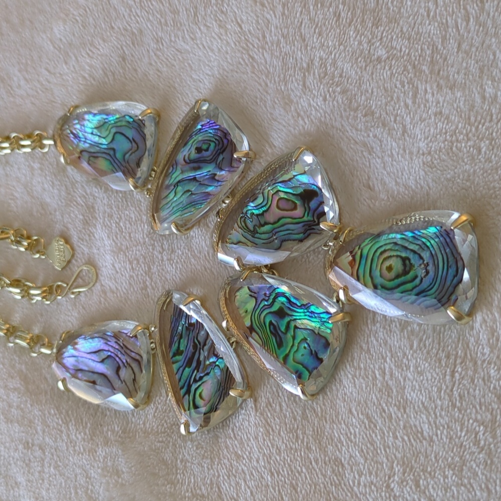 Kendra Scott Harlow Gold Statement Necklace Suspended Abalone Gold Sparkle Glass